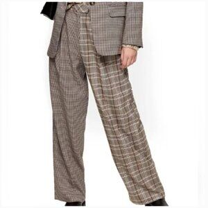 Topshop Two-Tone Plaid Wide-Leg Trousers in Brown and Beige